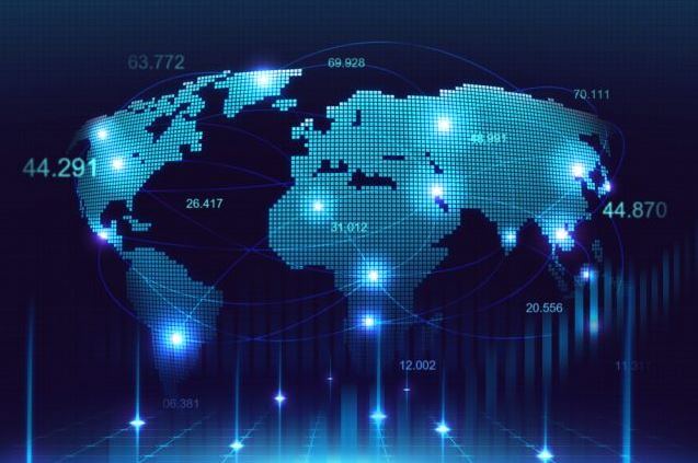Digital world map showing global forex trading network connections and live currency prices